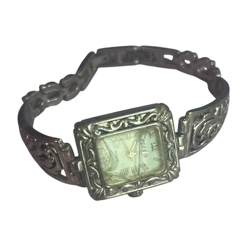 Decade Quartz Watch 47614 Silver Tone Filigree Rectangular Roman Numeral Dial